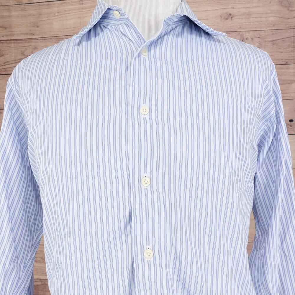 DAVID DONAHUE TRIM FIT BLUE STRIPED BUTTON UP DRESS SHIRT MENS 18 34/35